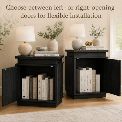 Two-piece nightstand set with arched recesses, storage cabinets with LED lighting, ample storage space, and magnetic push-to-open doors; suitable for bedrooms, living rooms, and offices; Black