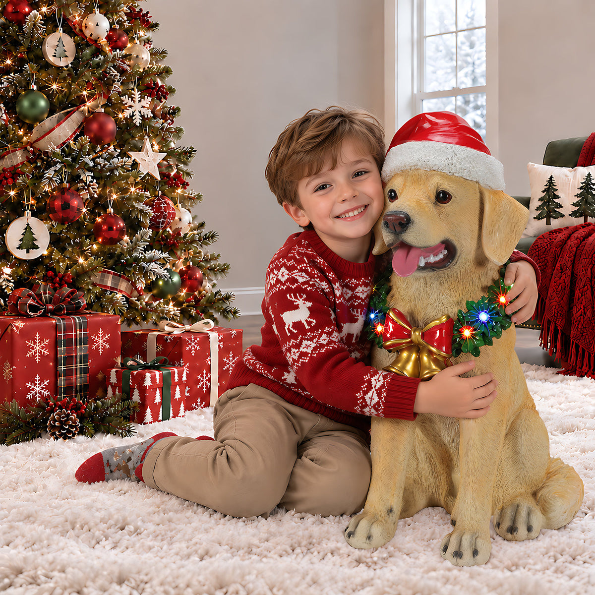 Lighted Christmas Labrador Retriever Dog Statue, Santa Hat Puppy Figurine with LED Wreath and Bells