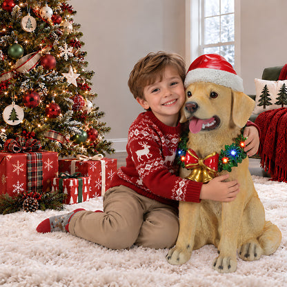 Lighted Christmas Labrador Retriever Dog Statue, Santa Hat Puppy Figurine with LED Wreath and Bells