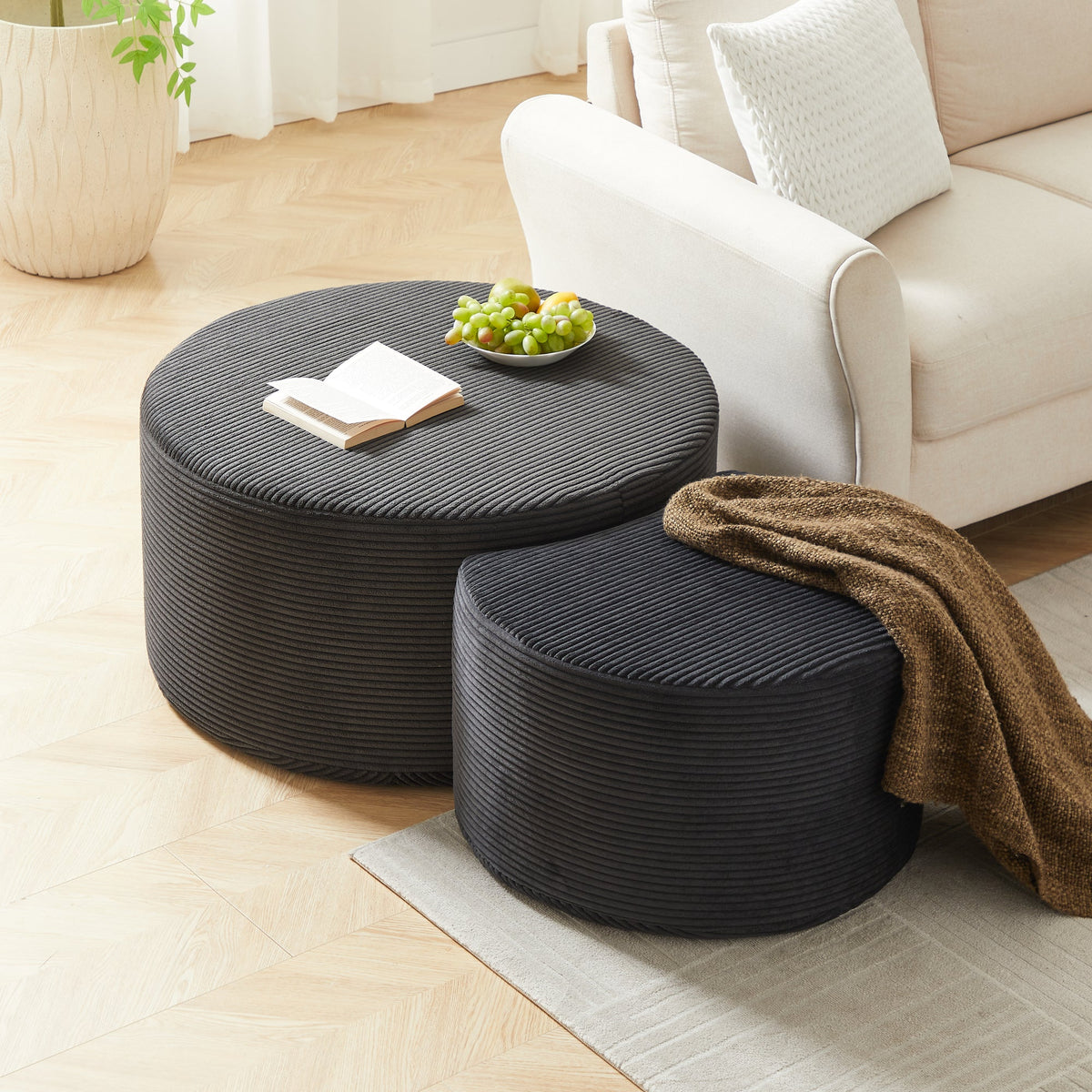 Modern Upholstered Round Coffee Table Set of 2 in Black, Corduroy Fabric, No Assembly, Perfect for Living Room or Bedroom