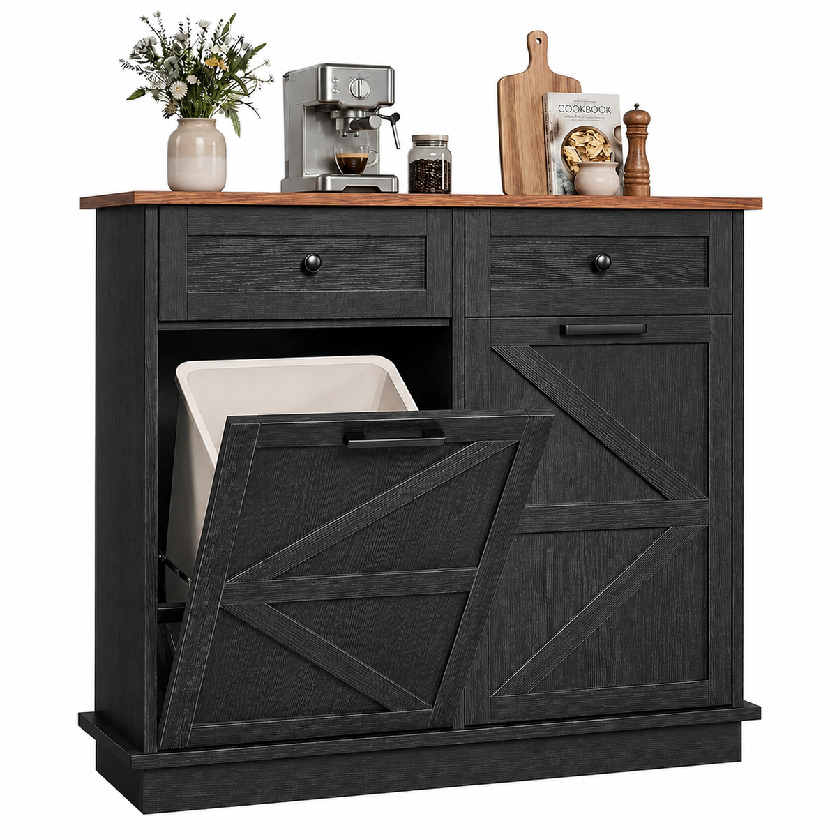 Tilt Out Trash Can Cabinet for Kitchen, Double 10-Gallon Hidden Trash Cabinet with Drawer, Farmhouse Wooden Garbage Cabinet, Dog Proof Trash Can Storage for Kitchen Laundry Living Room Office
