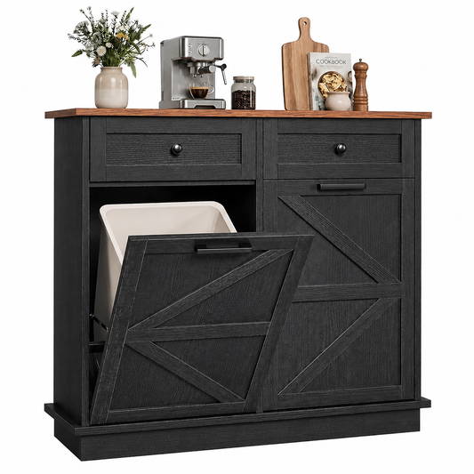 Tilt Out Trash Can Cabinet for Kitchen, Double 10-Gallon Hidden Trash Cabinet with Drawer, Farmhouse Wooden Garbage Cabinet, Dog Proof Trash Can Storage for Kitchen Laundry Living Room Office