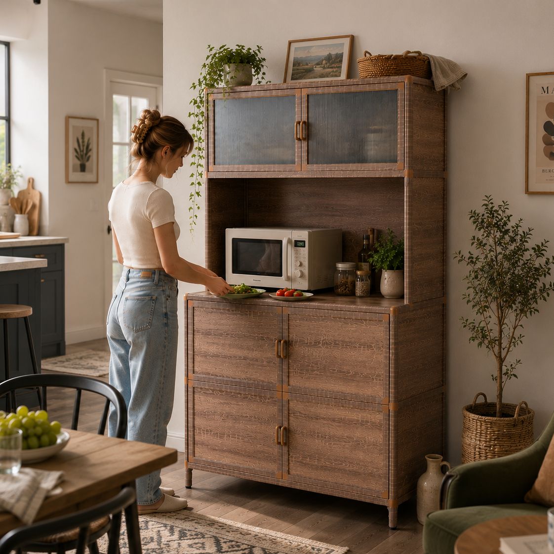 Tall Storage Cabinet, 31.50" W x 19.69" D x 65.75" H, Freestanding Indoor & Outdoor Storage Cabinet with Ribbed Acrylic Doors, 6-Door Utility Cabinet for Kitchen, Entryway, Patio & Garage