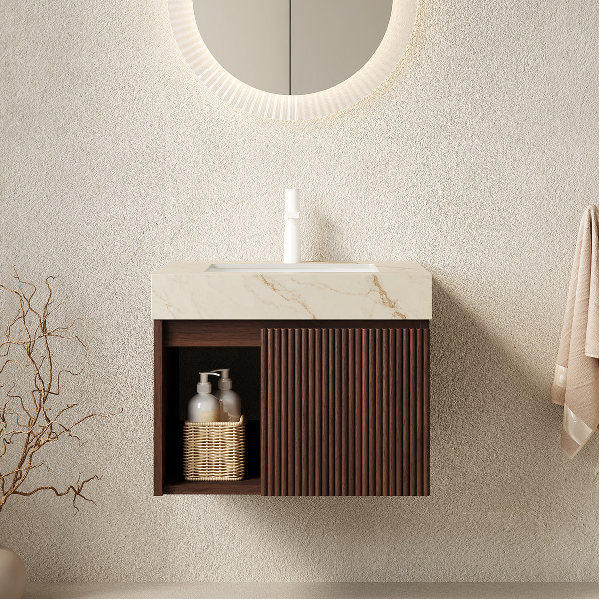 EIDEN 24"  Bathroom Vanity&Sink,Floating Storage Cabinet, Cream Gold Vein Sintered Stone Top&Ceramic Basin with 1 Pre-drilled Faucet Hole,Disassembled, NO Faucet and Drain Set, Walnut Woodgrain Color
