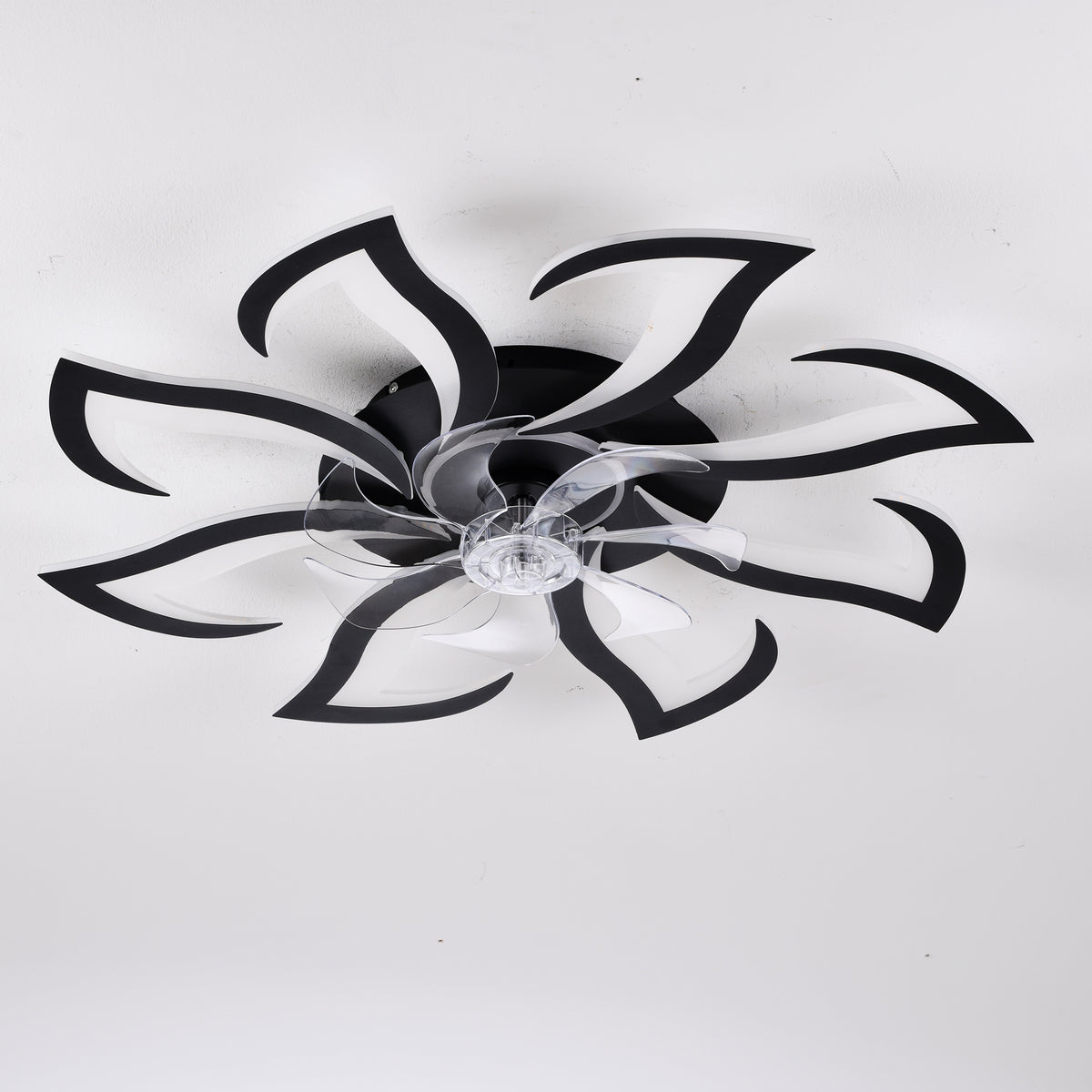 Black Flower Modern Ceiling Fan with LED Dimmable Light, 32inch Flush Mount Ceiling Fan with Remote Control for Bedroom, High-Efficiency DC Motor, 6-Speeds, Timing Function
