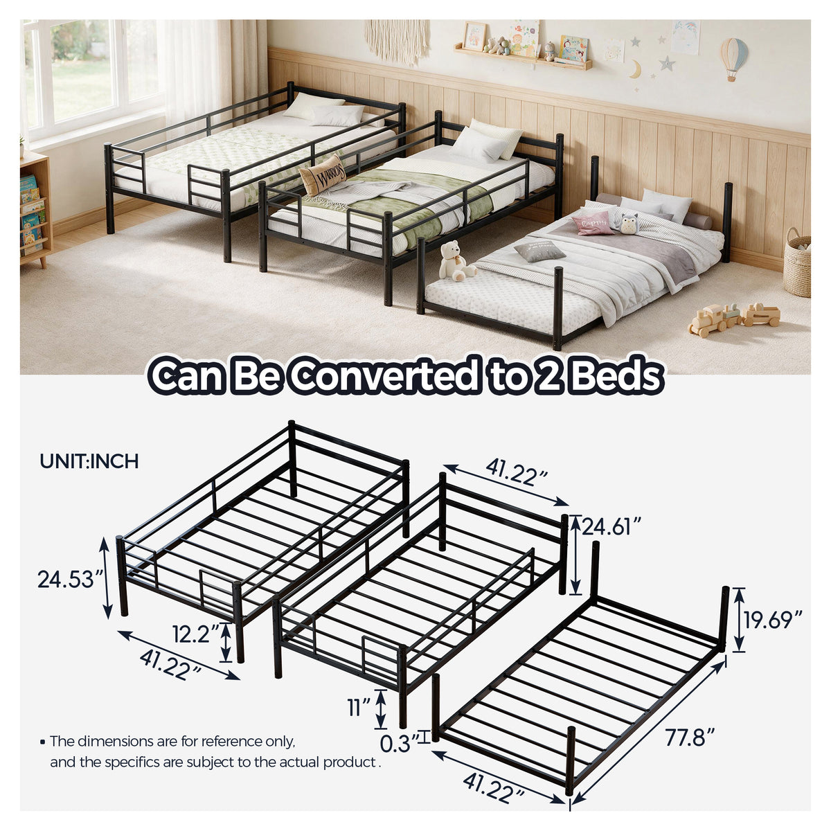 Metal Triple Bunk Bed Twin over Twin over Twin, Convertible 3-in-1 Detachable Bed Frame with Anti-Tip Bracket, Guardrails, Slats Support, Noise Free, No Box Spring, Black