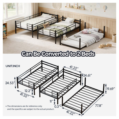 Metal Triple Bunk Bed Twin over Twin over Twin, Convertible 3-in-1 Detachable Bed Frame with Anti-Tip Bracket, Guardrails, Slats Support, Noise Free, No Box Spring, Black