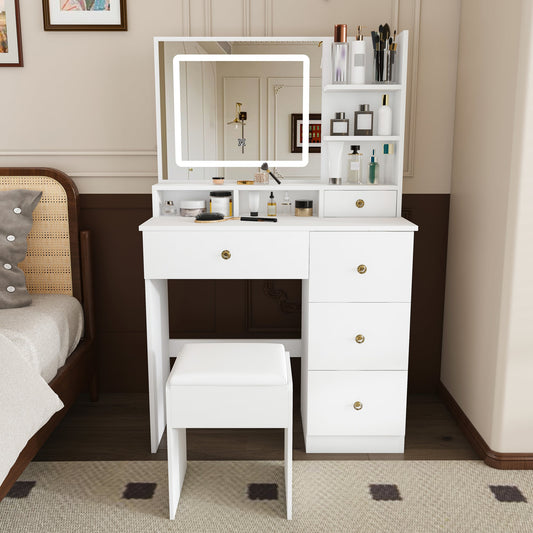 Fashion Vanity Desk with Mirror & 3-Color Dimmable LED Lights,Equipped with an open storage shelf and 4 silent sliding drawers,Suitable for bedrooms and apartments,White