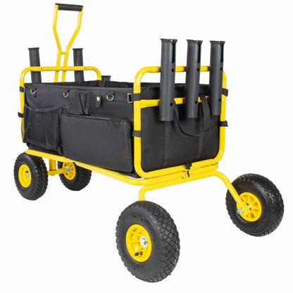 Fishing Cart Beach Cart Collapsible Wagon 9.85'' All-Terrain Wheels for Sand, Heavy Duty Garden Cart with Rod Holders