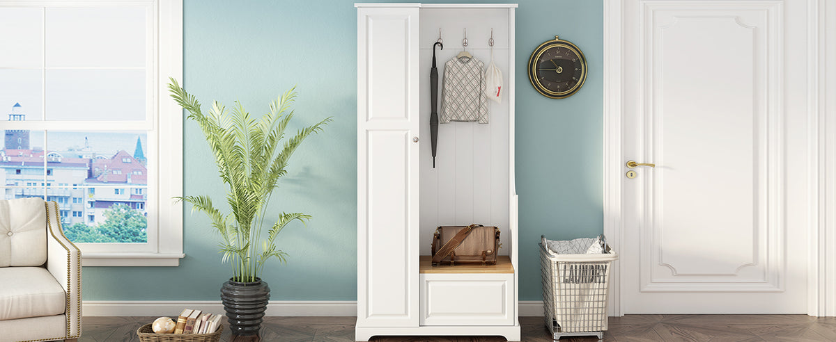 Stylish Design Hall Tree with Flip-Up Bench, Minimalist Hallway Shoe Cabinet with Adjustable Shelves, Multifunctional Furniture with Hanging Hooks for Entryways, Mudroom, White (OLD SKU: WF304223AAK)