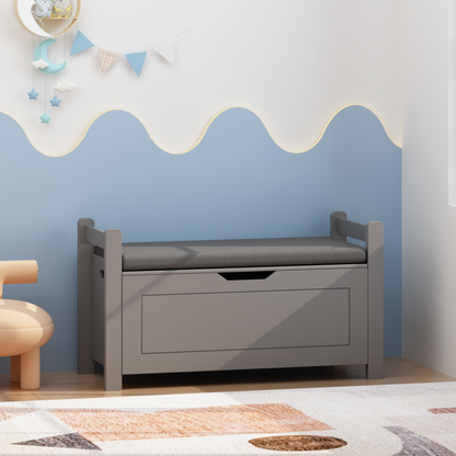 Kids Toy Box Chest for Boys Girls, Large Storage Cabinet with Cushion Seat Bench/ Flip-Top Lid/ Safety Hinge, Toy Storage Organizer Trunk for Nursery, Playroom (Gray)