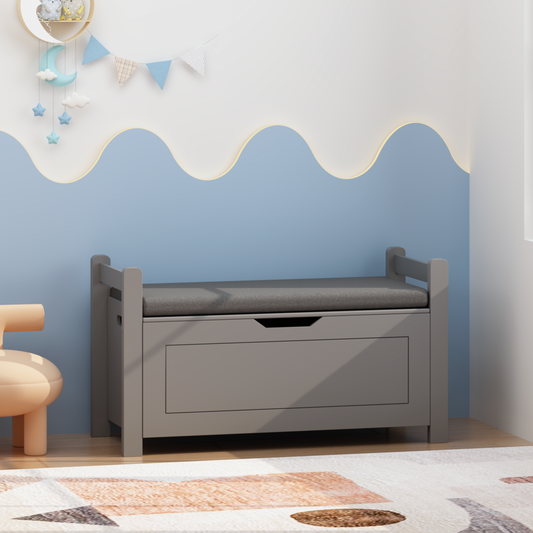 Kids Toy Box Chest for Boys Girls, Large Storage Cabinet with Cushion Seat Bench/ Flip-Top Lid/ Safety Hinge, Toy Storage Organizer Trunk for Nursery, Playroom (Gray)