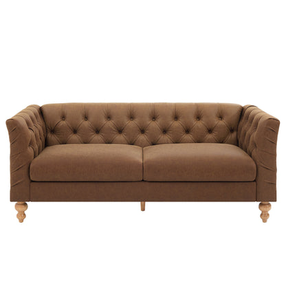 73.5'' Chesterfield Sofa PU Upholstered Couch with Flared Arms, Tufted Back & Natural Rubberwood Legs Multi Cushion Seat Sofa for Living Room and Home Lounge, Brown