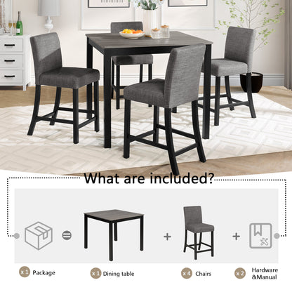 Modern 5-Piece Counter Height Dining Set with 4 Chairs for Kitchen or Dining Room - Light Grey & Black Two-Tone Wooden Table Set