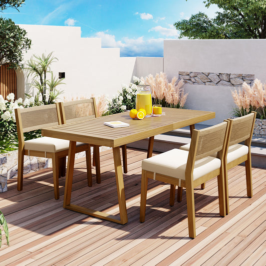 U_Style Multi-person Outdoor Acacia Wood Dining Table and Chair Set, Thick Cushions, Vourtyard, and Garden.