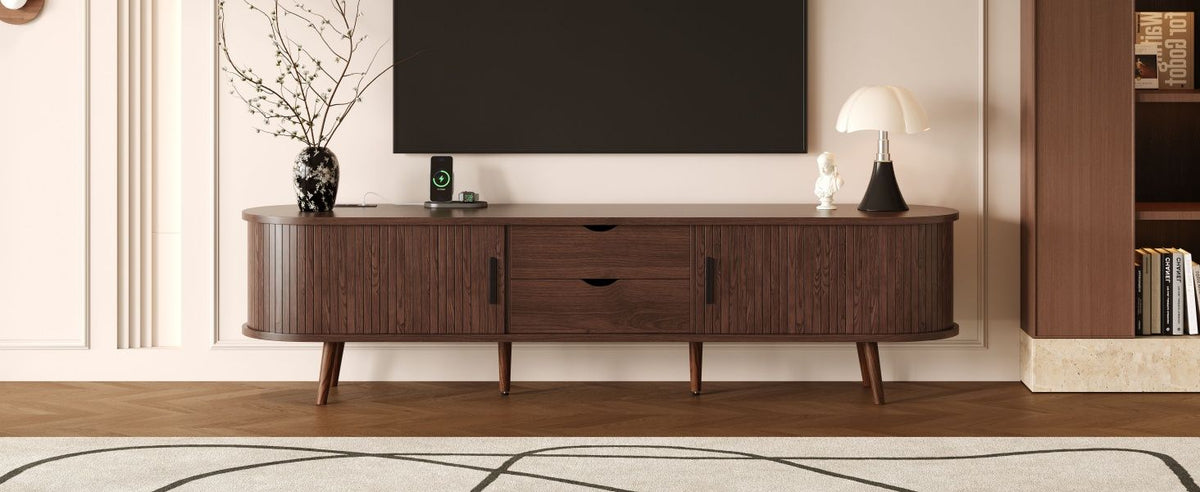 Mid Century Modern TV Stand for 70-Inch TV, Dark Brown MDF & Solid Wood Console with Tambour Doors, Drawers and Built-in Power Outlet