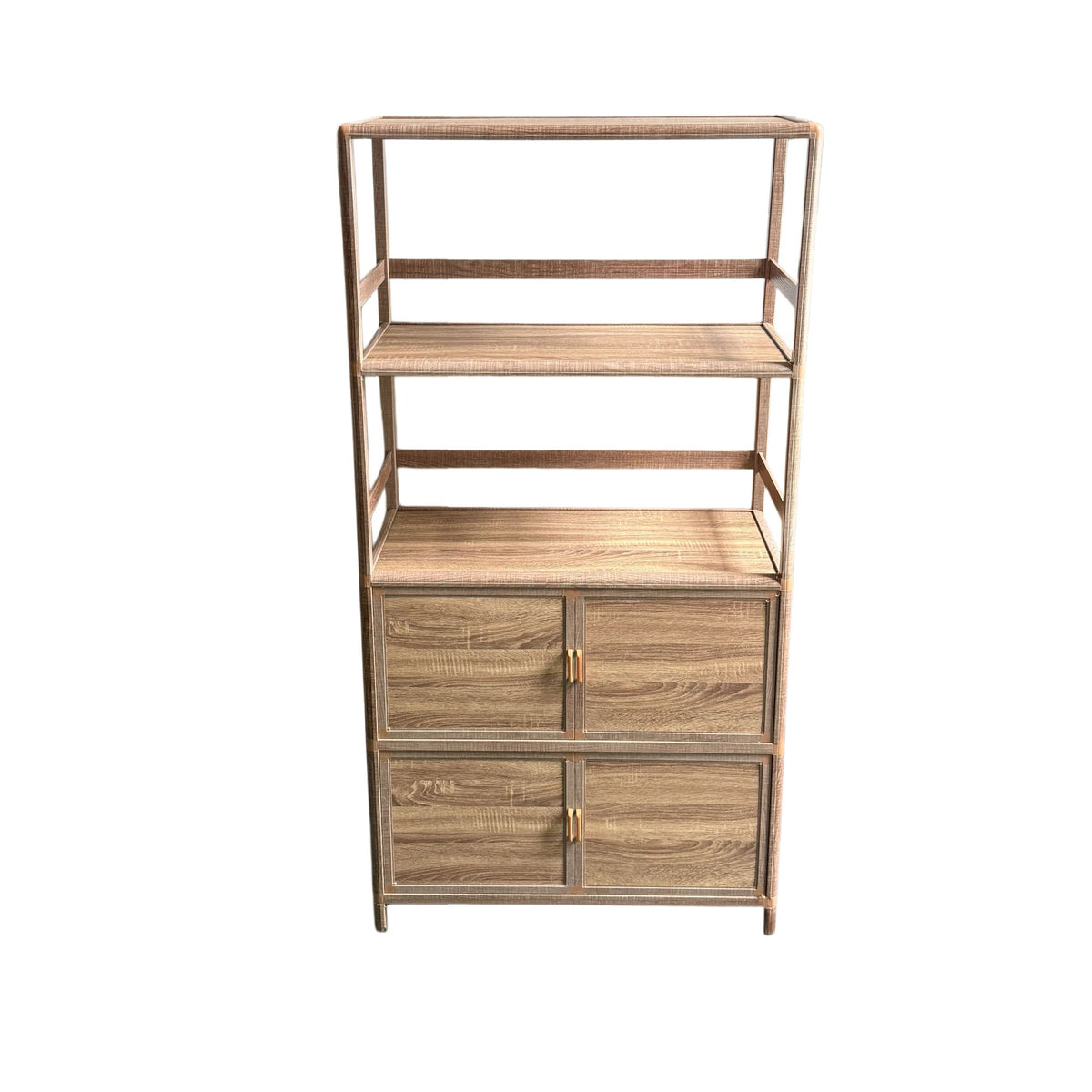 Tall Storage Cabinet with Open Shelving, 35.00" W x 16.73" D x 68.11" H, Freestanding Wood-Grain Aluminum Storage Cabinet with 4-Door Closed Storage for Kitchen, Entryway, Patio & Garage