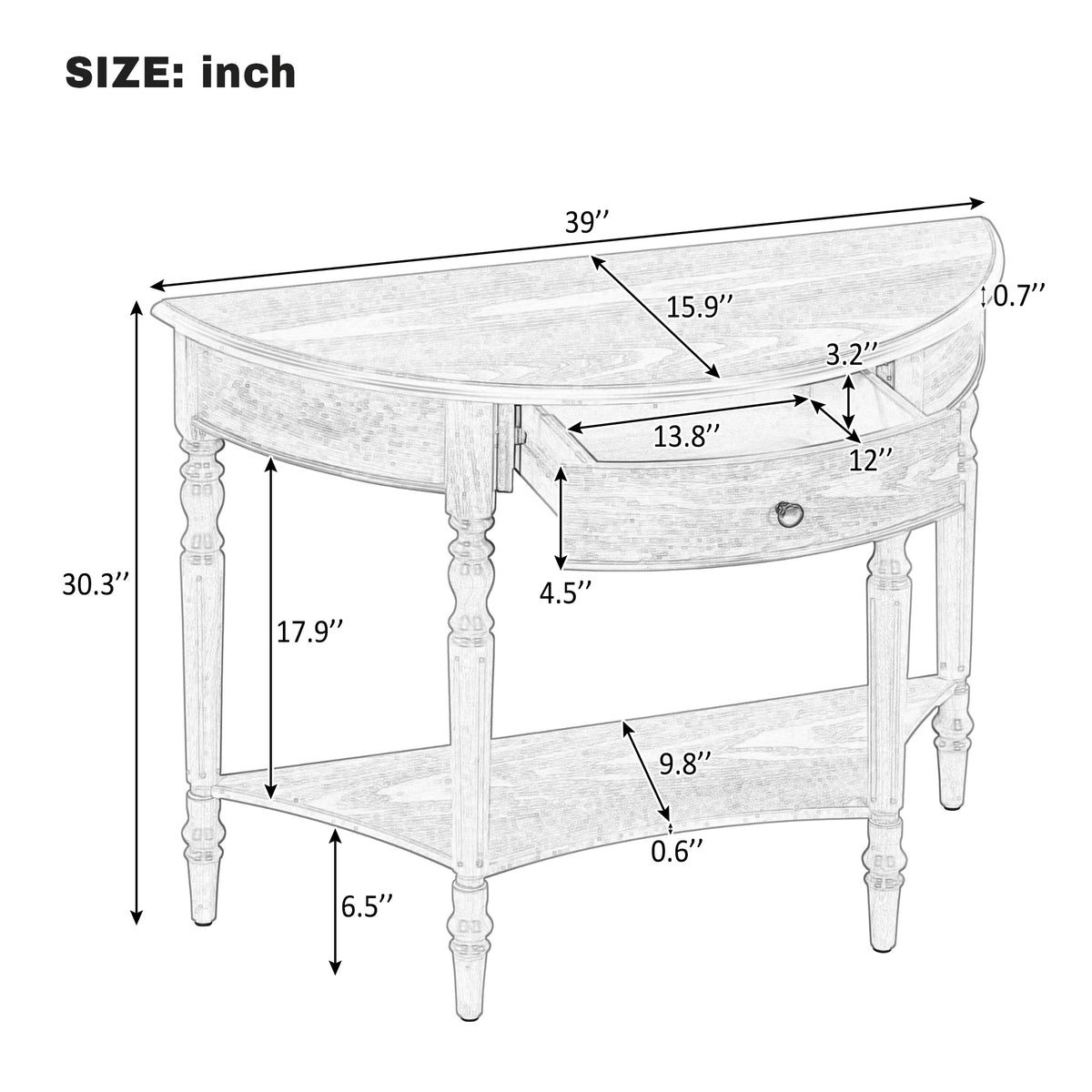 TREXM Farmhouse Half Moon Console Table with Drawer & Shelf - Rustic Accent Table, Sofa Table, Hallway and Foyer (Natural)