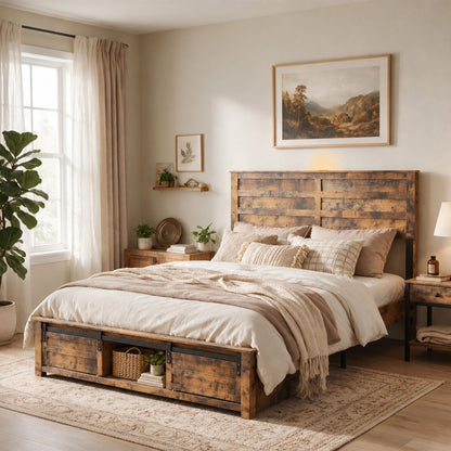 Queen Bed Frame with Upholstered Headboard and Wood Platform,Storage Headboard with Charging Station and LED,  Bed Frame with Pet Bed,No Noise, No Box Spring Needed,Easy Assembly,Antique Brown