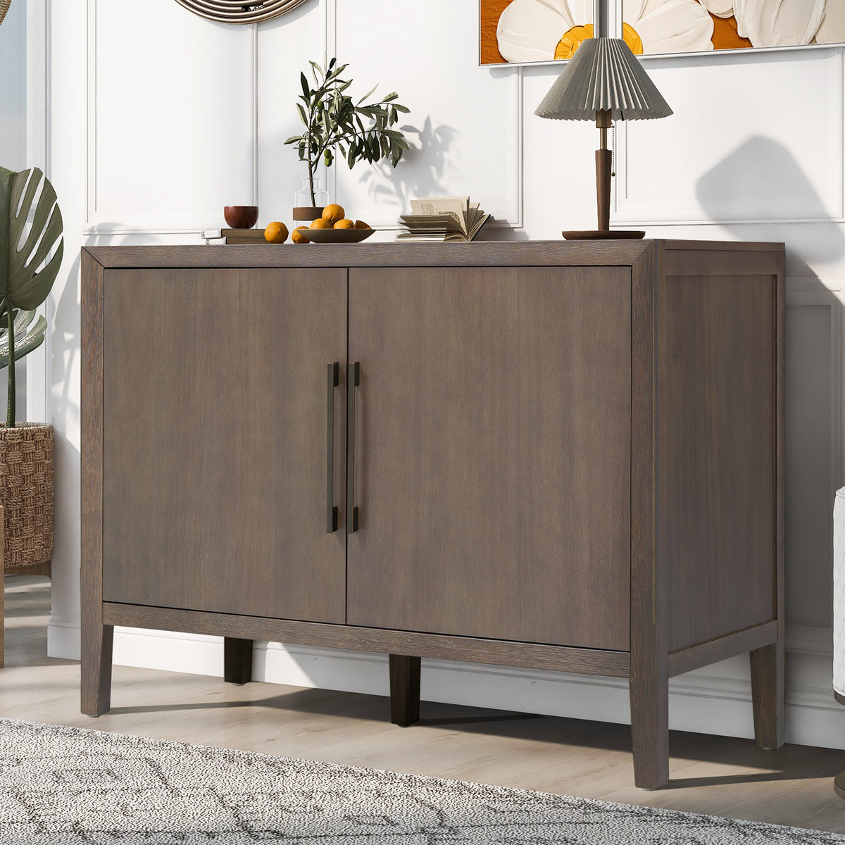 U_STYLE 47.25-Inch Farmhouse Sideboard with Pine Veneer and 2 Doors, Retro Buffet with Adjustable Feet – Model N711P410389D