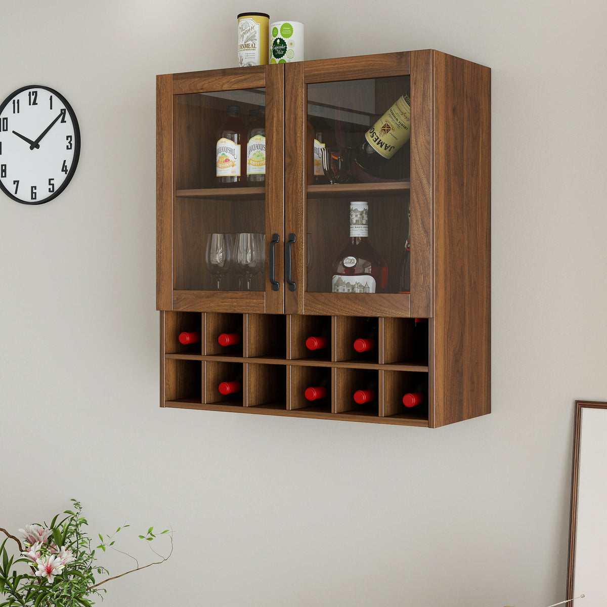 Wall-Mounted Wine Cabinet with Glass Doors, Hanging Wine Rack Storage Cabinet for Home Kitchen Dining Room