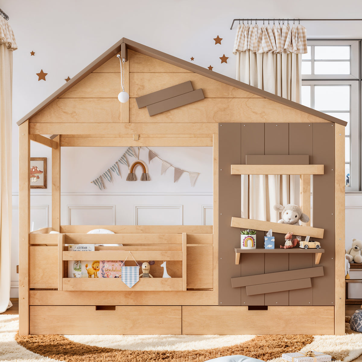 Twin Size Farmhouse Spliced House Bed with Window Shelf & Side Hooks, Playhouse Bed Frame with Underbed Storage Drawers and LED,Light Natural