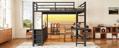 Queen Size Loft Bed with Desk, Loft Bed with Drawers, Loft Bed with Led Light and USB, Sturdy Loft bed Frame, Loft Bed with Mirror, Multi-Functional High Loft Bed for Teens Adults.Black