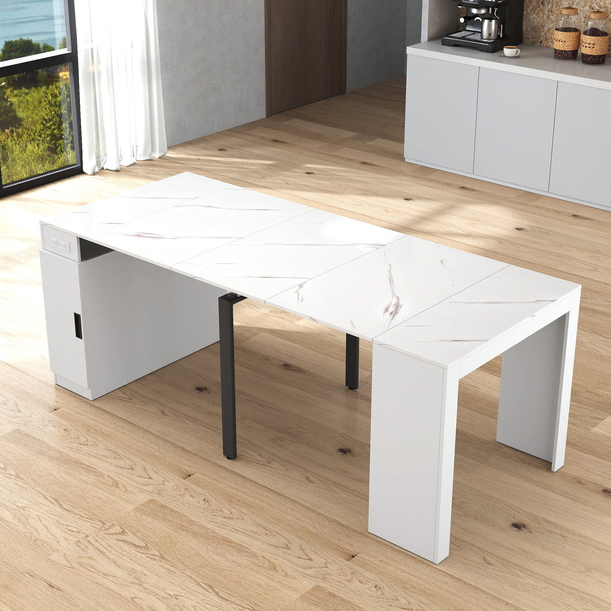 Modern Multifunctional Extendable Dining Table with Outlet, Space Saving Expanding Table with Storage for Party, Weddings, Meetings