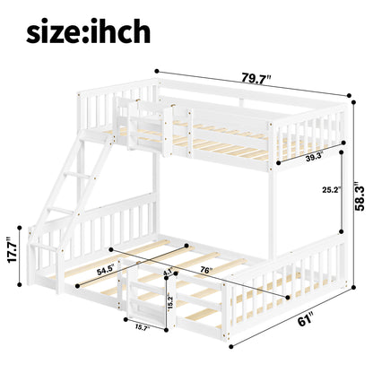 Twin Over Full Floor Bunk Bed with Ladder and Bookshelf, Space-Saving, Noise-Free, No Box Spring Needed,White