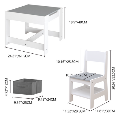 Kids Table and Chair Set, 3-in-1 Wooden Activity Table with Storage Drawer for Toddlers Drawing, Reading, Crafts, 2-in-1 Detachable Top in White+Gray MDF