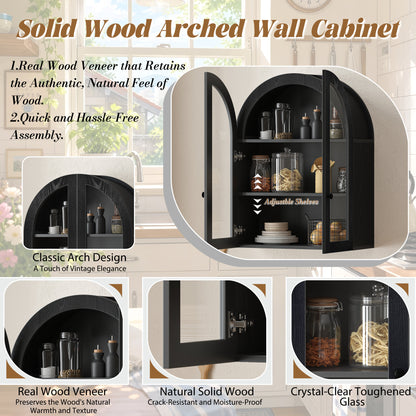 Arched Wall Mounted Cabinet, Wood Veneer Wall Storage Cabinet with Tempered Glass Doors, Adjustable Shelf, Easy Hanging Hardware Included, Decorative Floating Wall Cabinet for Laundry Room, Black