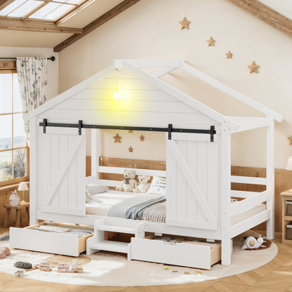 Twin Size Farmhouse Bed with Sliding Barn Door and Light Bulb, Wood house Bed Frame with Stair and Drawers, White