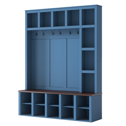 Farmhouse Wooden Hall Tree with 6 Hooks, Walnut Storage Bench with Adjustable Shelves, 4-in-1 Entryway Shoe Cabinet with Cubbies for Mudroom, Living Room, Blue (New Color of N721S000044K-1/B-1)