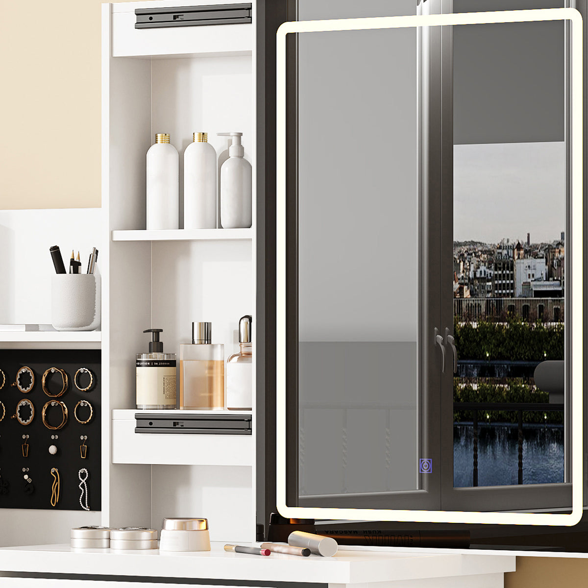 Vanity Desk Set with Sliding Lighted Mirror, Makeup Dressing Table with 4 Drawers & 9 Storage Spaces