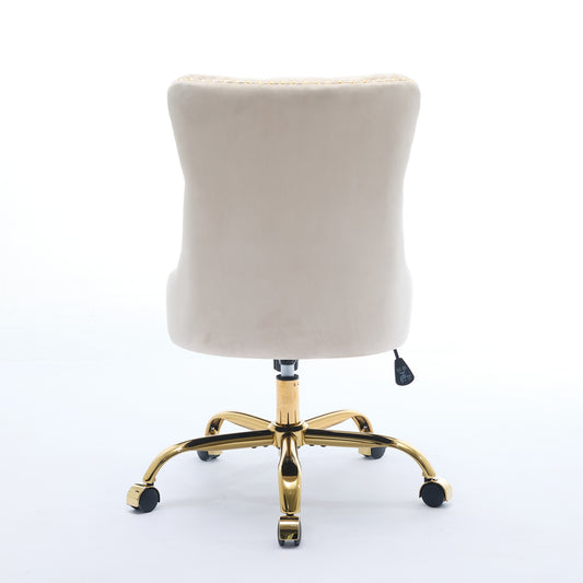 A&A Furniture Office Chair, Modern Velvet Upholstered Tufted Button Home Office Chair with Golden Metal Base - Beige