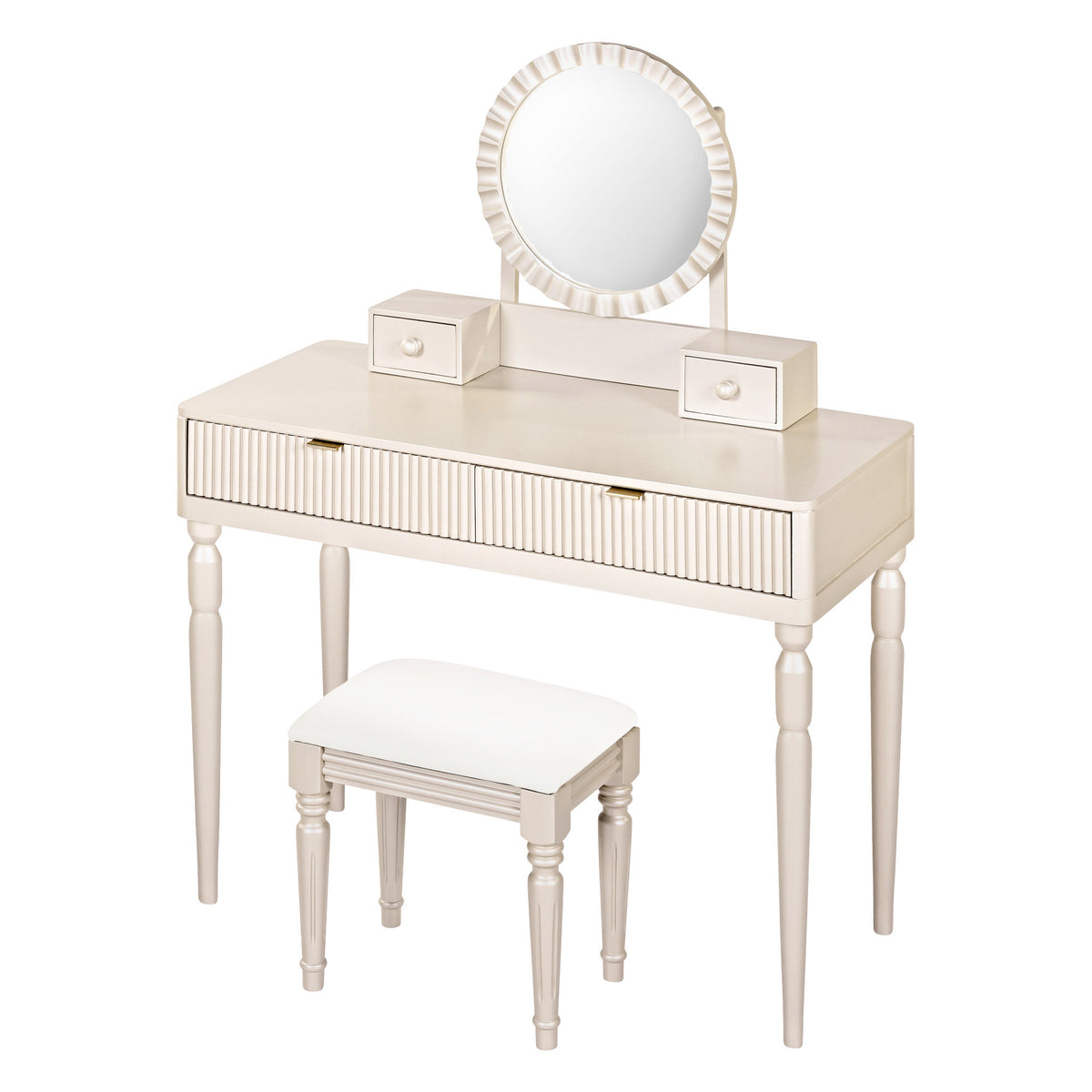 Luxury Vanity Desk with Round Mirror,Height-Adjustable, Stylish Dressing Table Set, 4 Drawers & Stool, Champagne