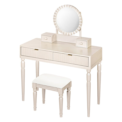Luxury Vanity Desk with Round Mirror,Height-Adjustable, Stylish Dressing Table Set, 4 Drawers & Stool, Champagne