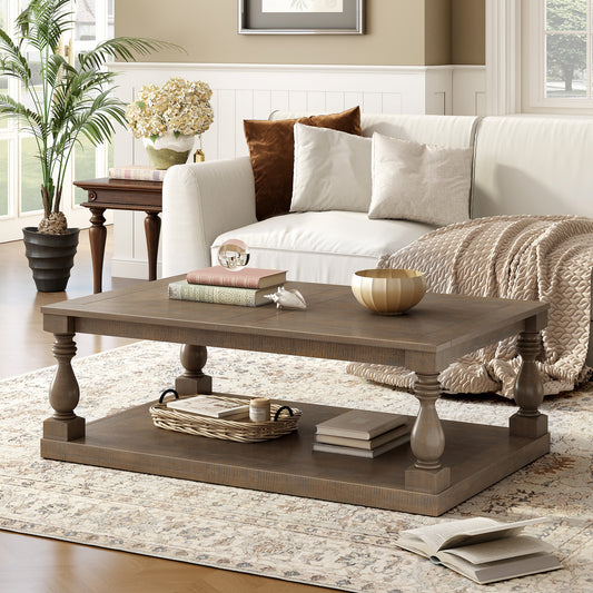 U_STYLE Vintage Coffee Table Featuring Artistic Vase Column Legs and Luxurious Pine Veneer for Timeless Charm, study room – Brown