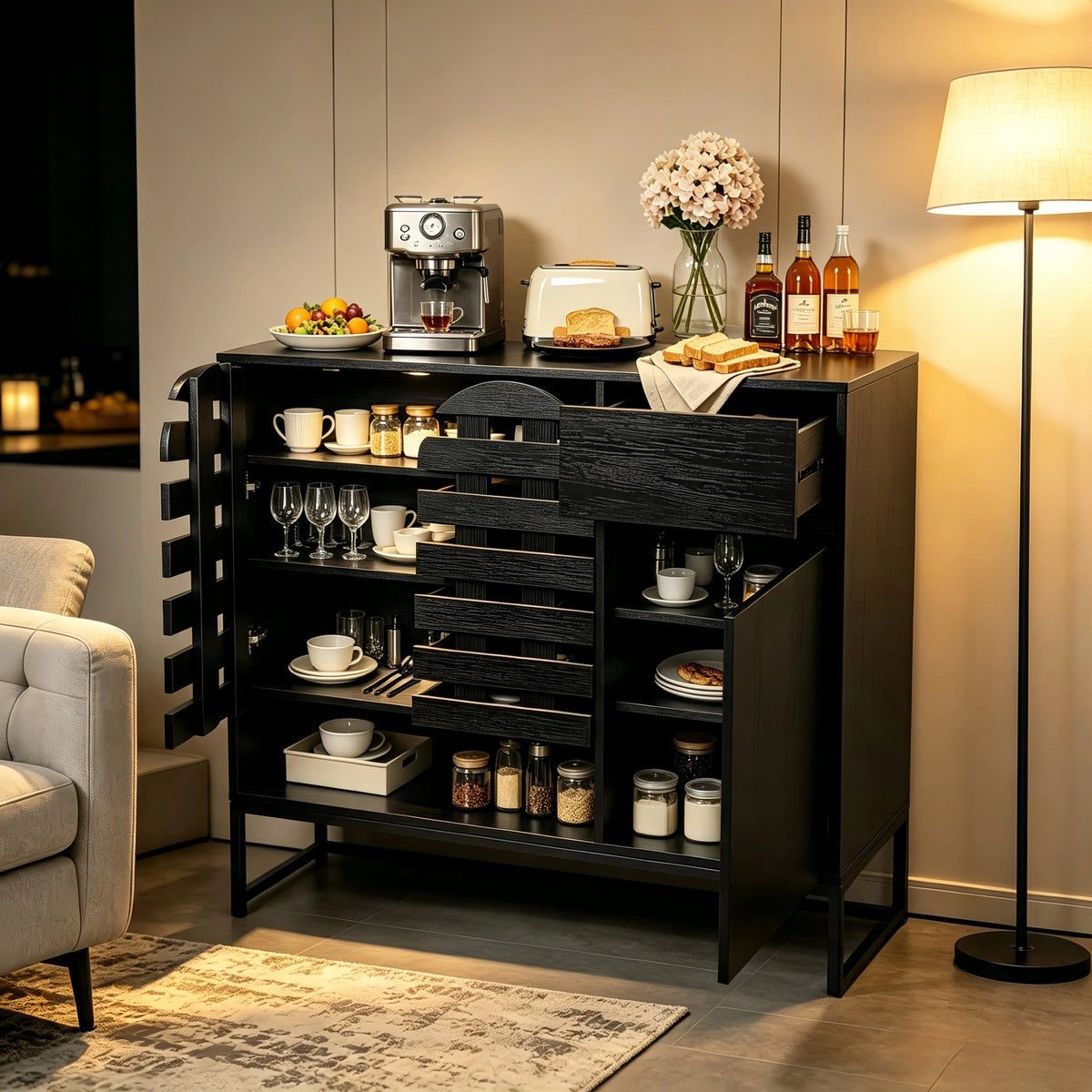 Buffet Cabinet with Storage: 44.49"Black Woven Door Accent Cabinets,with Arched Doors,with Multi layer Adjustable,with Metal Leg,woven door and drawer - for Kitchen Living Dining Room Entryway
