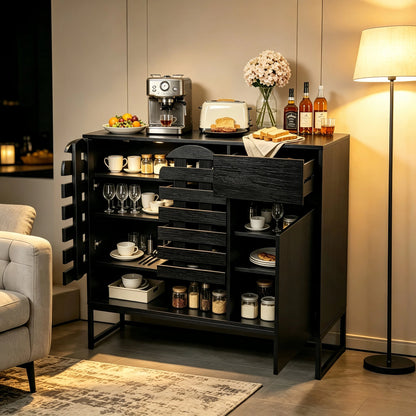 Buffet Cabinet with Storage: 44.49"Black Woven Door Accent Cabinets,with Arched Doors,with Multi layer Adjustable,with Metal Leg,woven door and drawer - for Kitchen Living Dining Room Entryway