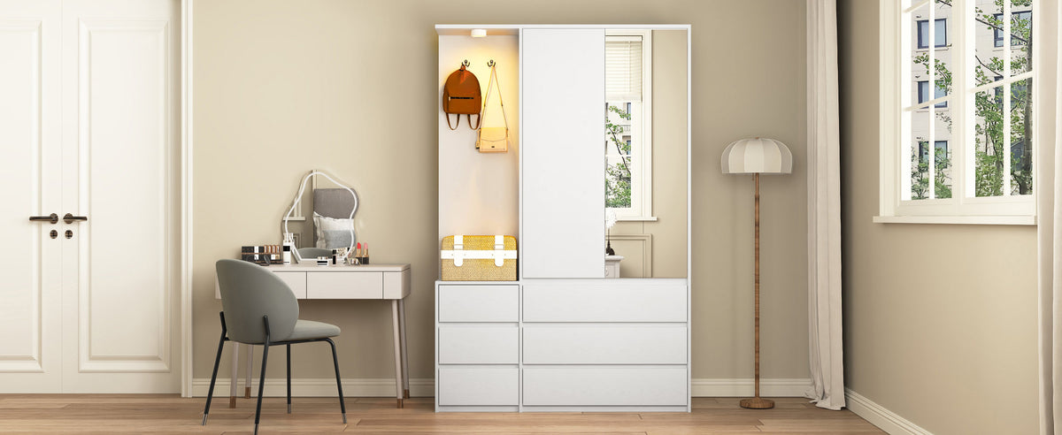 Wardrobe Closet 71.7" H, Bedroom Wooden Wardrobe with 2 Doors 6 Drawers – White