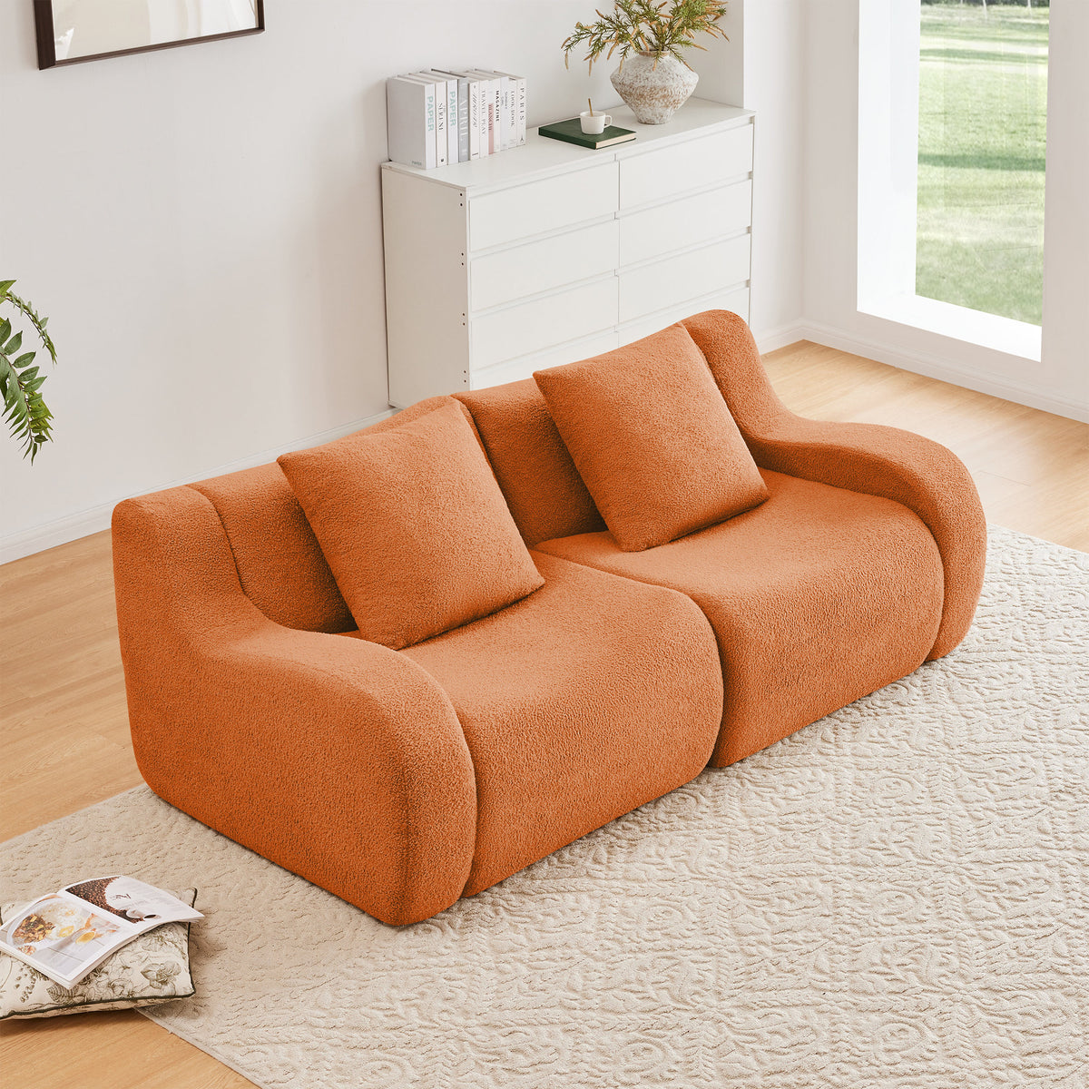 Soft Teddy Fabric Boneless Sofa, No Assembly Required Streamlined Design, Anti-Slip Design 32D High Density Sponge Living Rooms Bedrooms