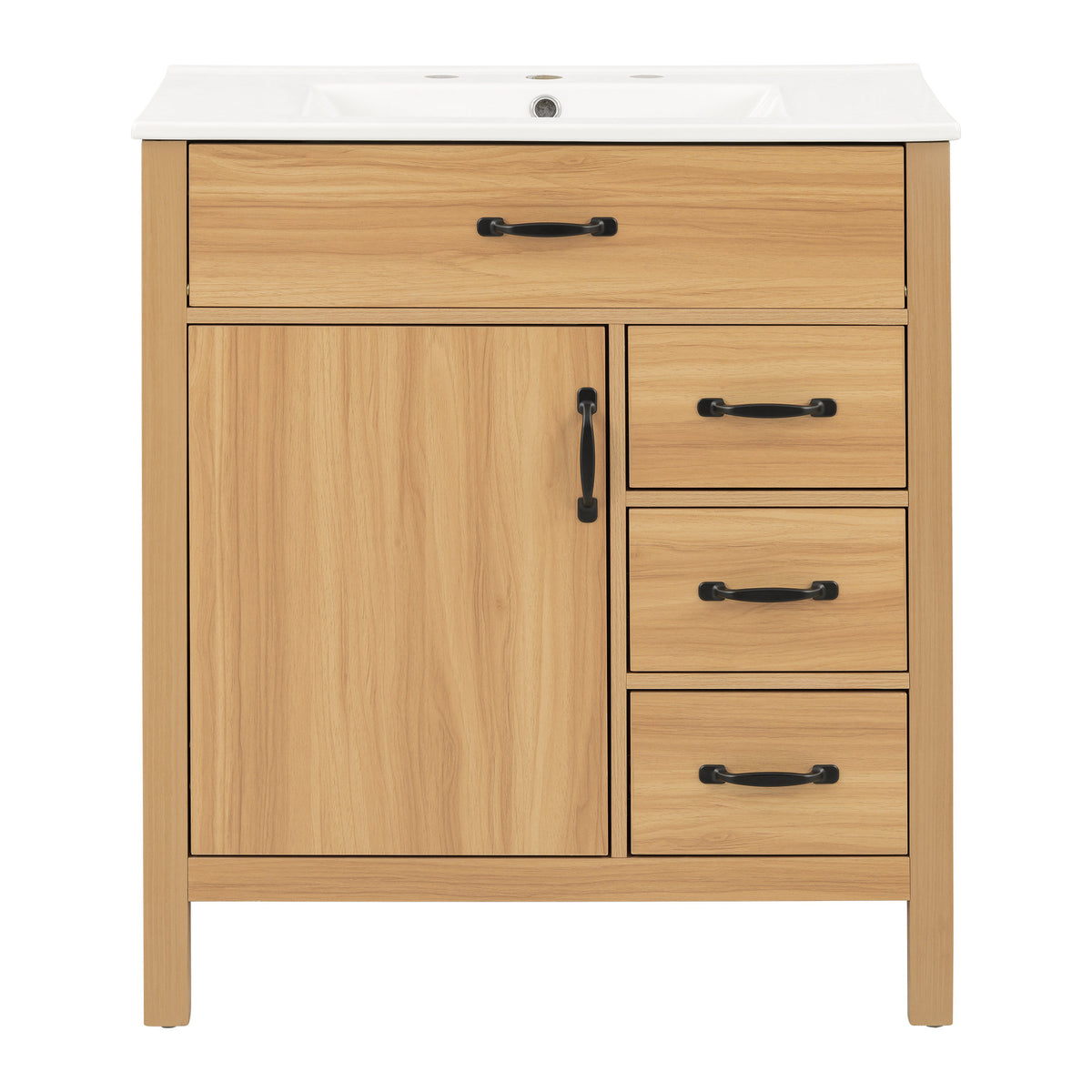 Modern 30 Inch Bathroom Vanity with Ceramic Sink, MDF Cabinet & Solid Wood Legs, Soft Close Drawers, Black Zinc Alloy Handles, Wood Finish
