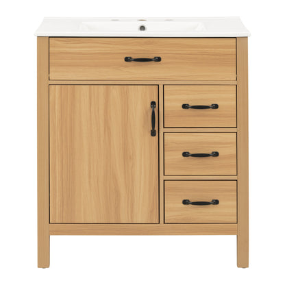 Modern 30 Inch Bathroom Vanity with Ceramic Sink, MDF Cabinet & Solid Wood Legs, Soft Close Drawers, Black Zinc Alloy Handles, Wood Finish