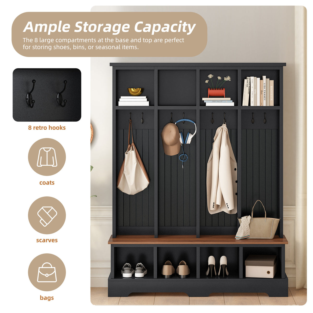 Farmhouse Hall Tree with 8 Hooks, Practical Entryway Bench with Open Compartments, 76.7'H Modern 3-in-1 Wooden Style Coat and Shoe Rack for Mudroom, Living Room, Black