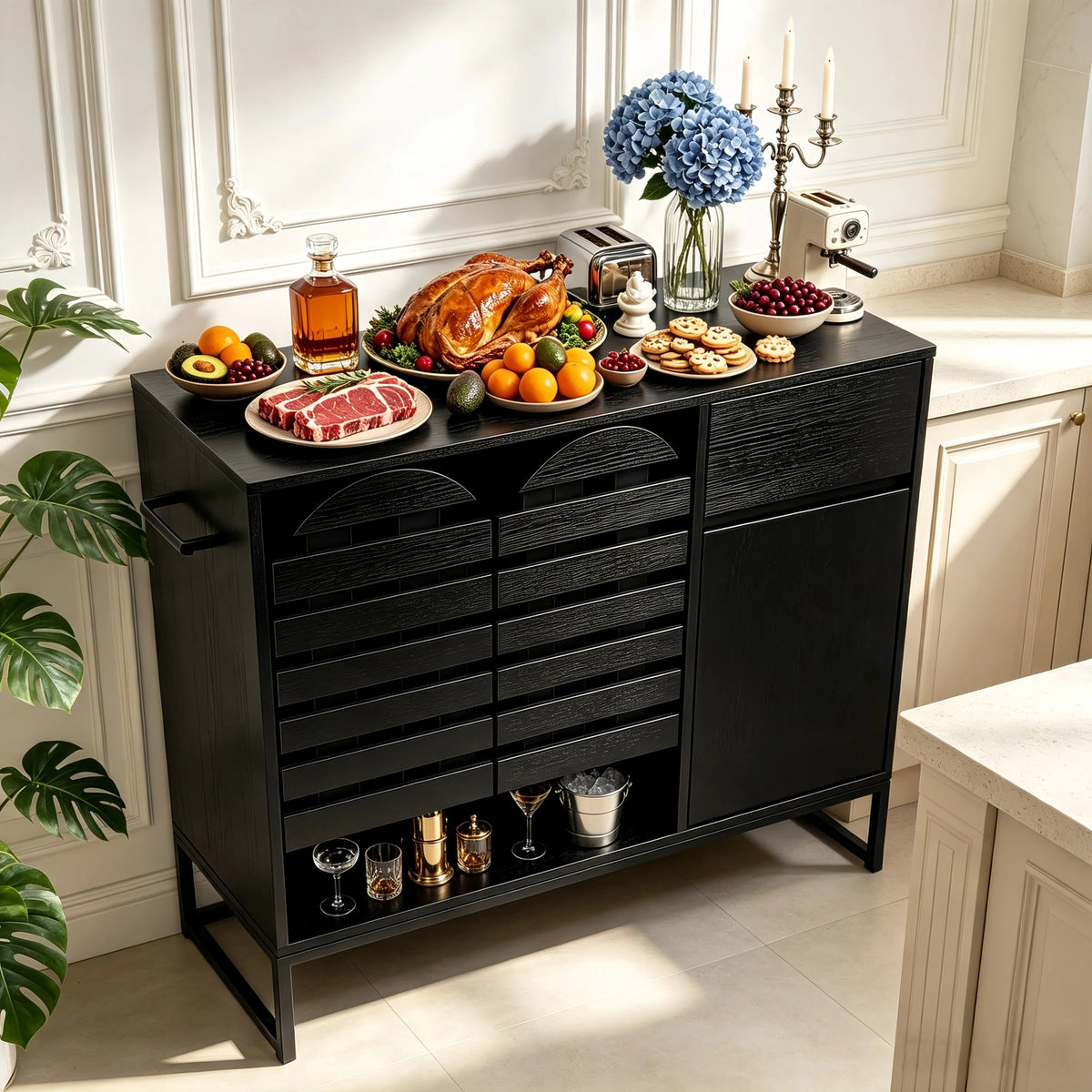 Buffet Cabinet with Storage: 44.49"Black Woven Door Accent Cabinets,with Arched Doors,with Multi layer Adjustable,with Metal Leg,woven door and drawer - for Kitchen Living Dining Room Entryway