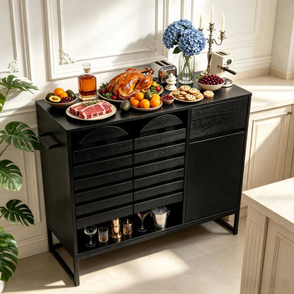 Buffet Cabinet with Storage: 44.49"Black Woven Door Accent Cabinets,with Arched Doors,with Multi layer Adjustable,with Metal Leg,woven door and drawer - for Kitchen Living Dining Room Entryway