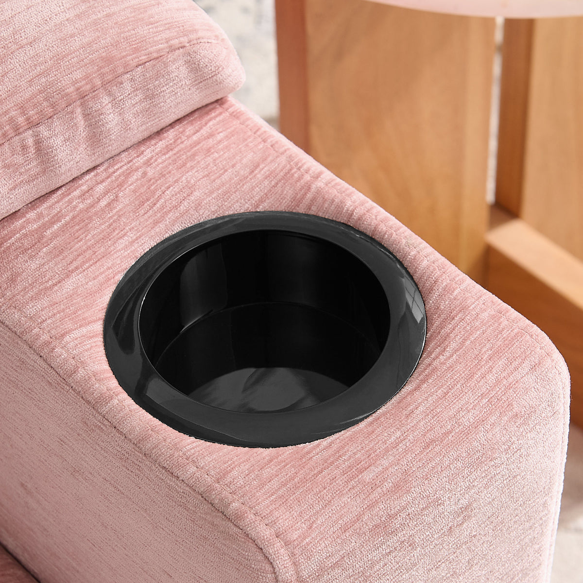 Single sofa recliner with manually adjustable backrest, USB charging port on the armrest side, phone stand included, hidden armrest storage, and a matching storage ottoman-Pink