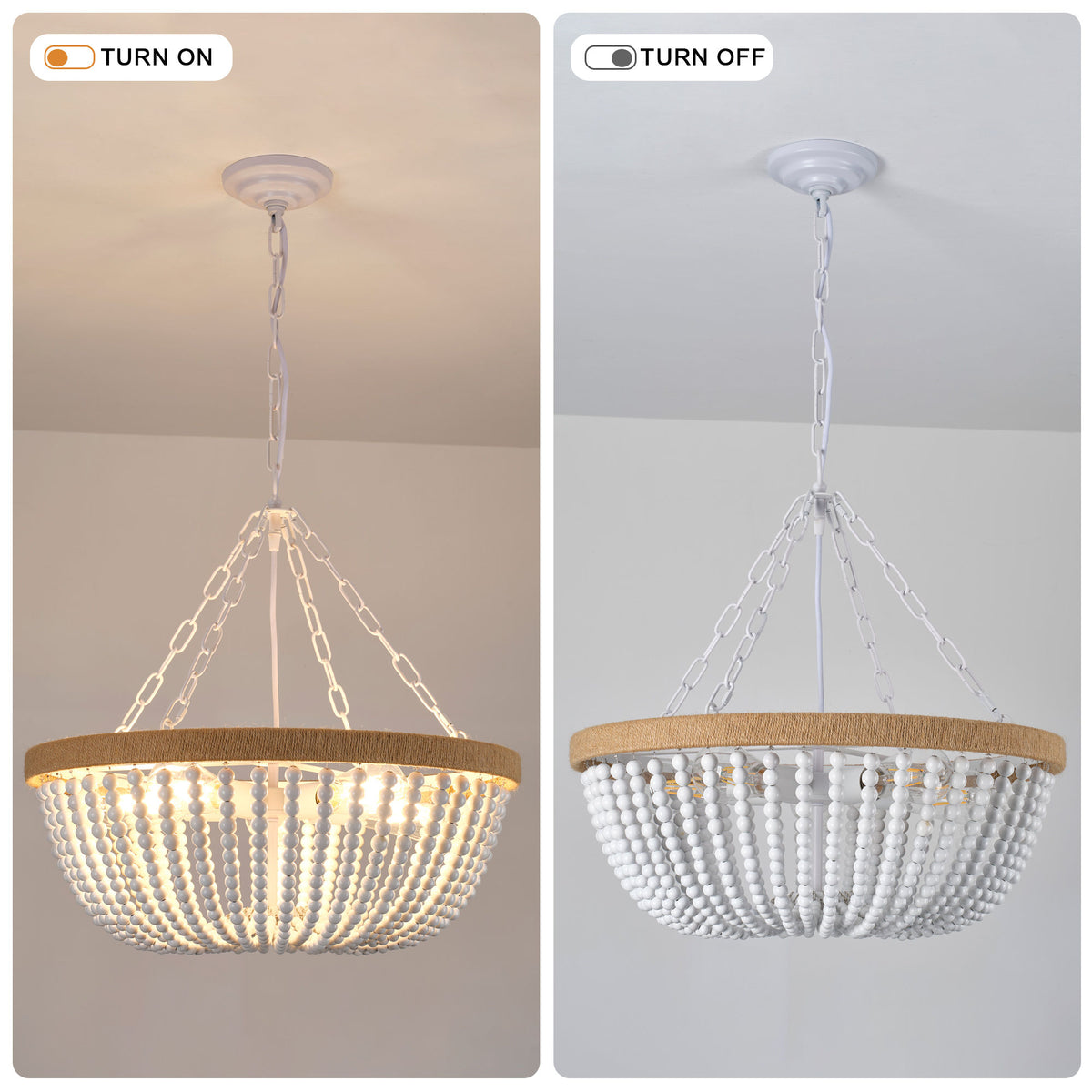 21.65" Farmhouse Chandelier, Matte White & Natural Wood Finish, 5xE26 Socket Max 60W, Bulbs Not Included