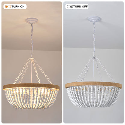 21.65" Farmhouse Chandelier, Matte White & Natural Wood Finish, 5xE26 Socket Max 60W, Bulbs Not Included